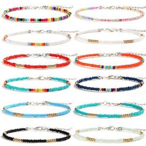12Pcs Handmade Beaded Anklets for Women Girls Colorful Boho Beads Anklet Set